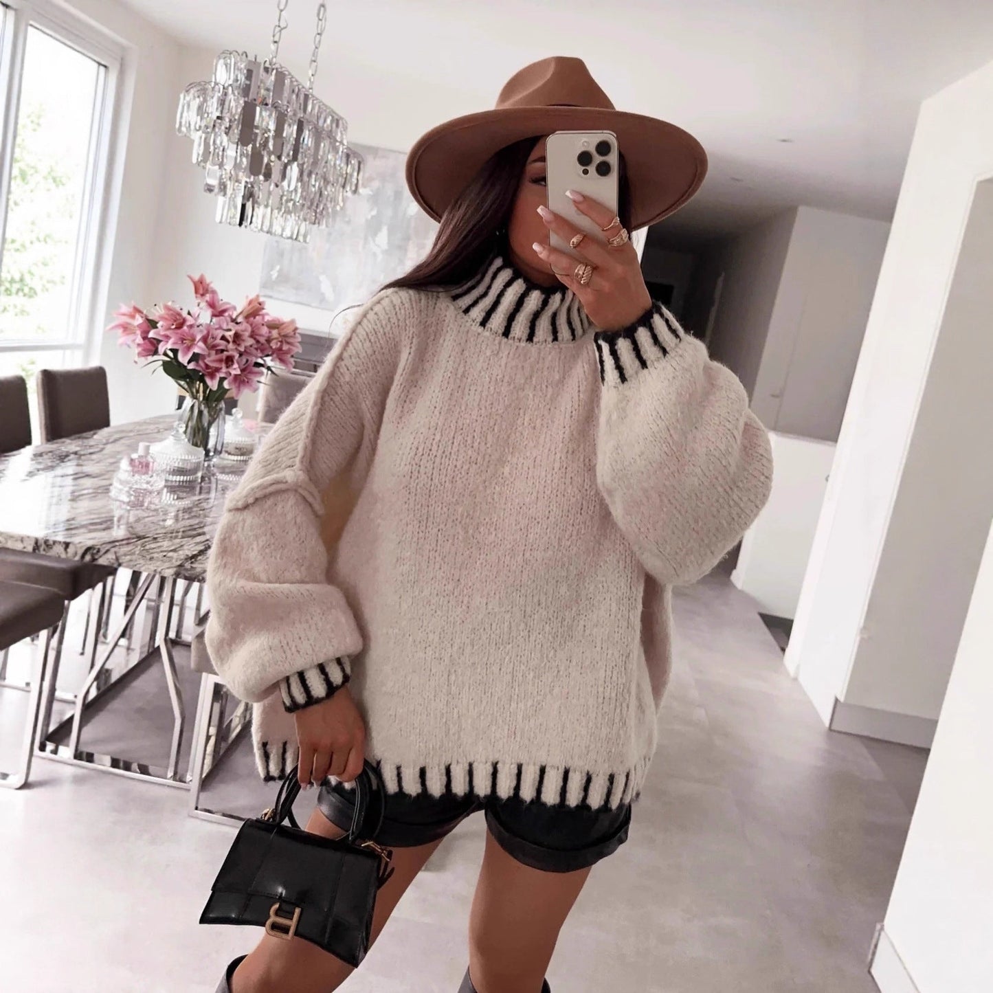 Damen Pullover Oversized Moderner Kragen Beige - Eveloria