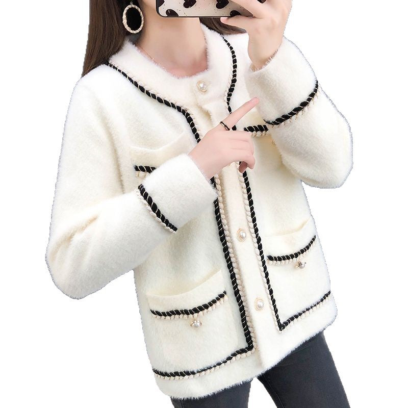 Damen Strickjacke Baumwollmix Glänzende Perlenknöpfe