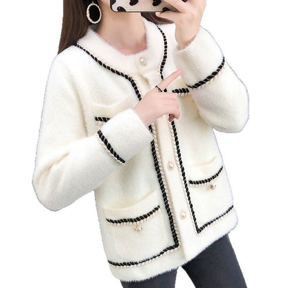 Damen Strickjacke Baumwollmix Glänzende Perlenknöpfe