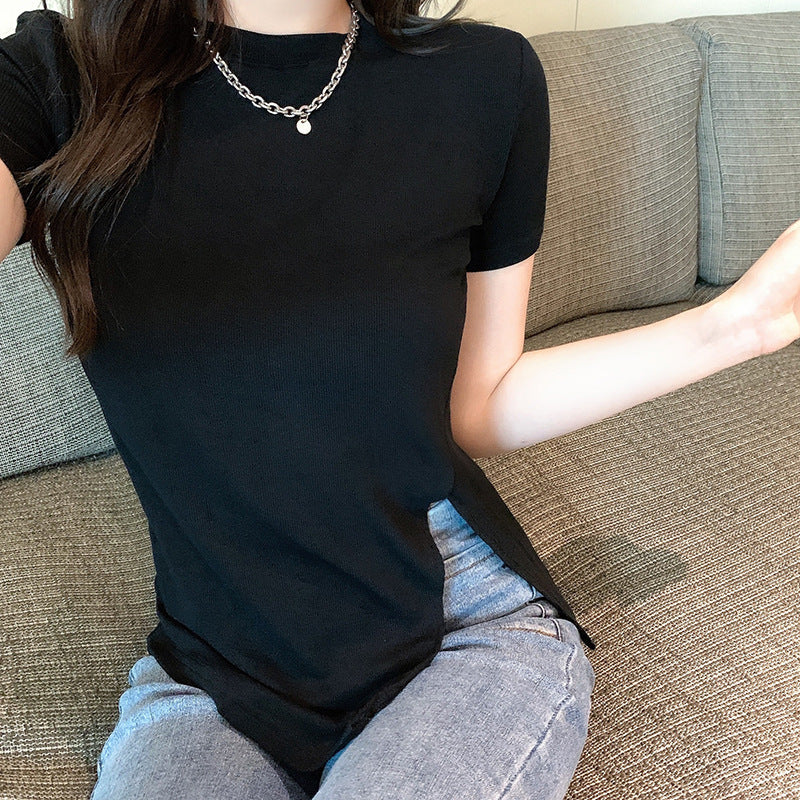 Damen T-Shirt mit Seitenschlitz Figurbetont Schwarz - Eveloria