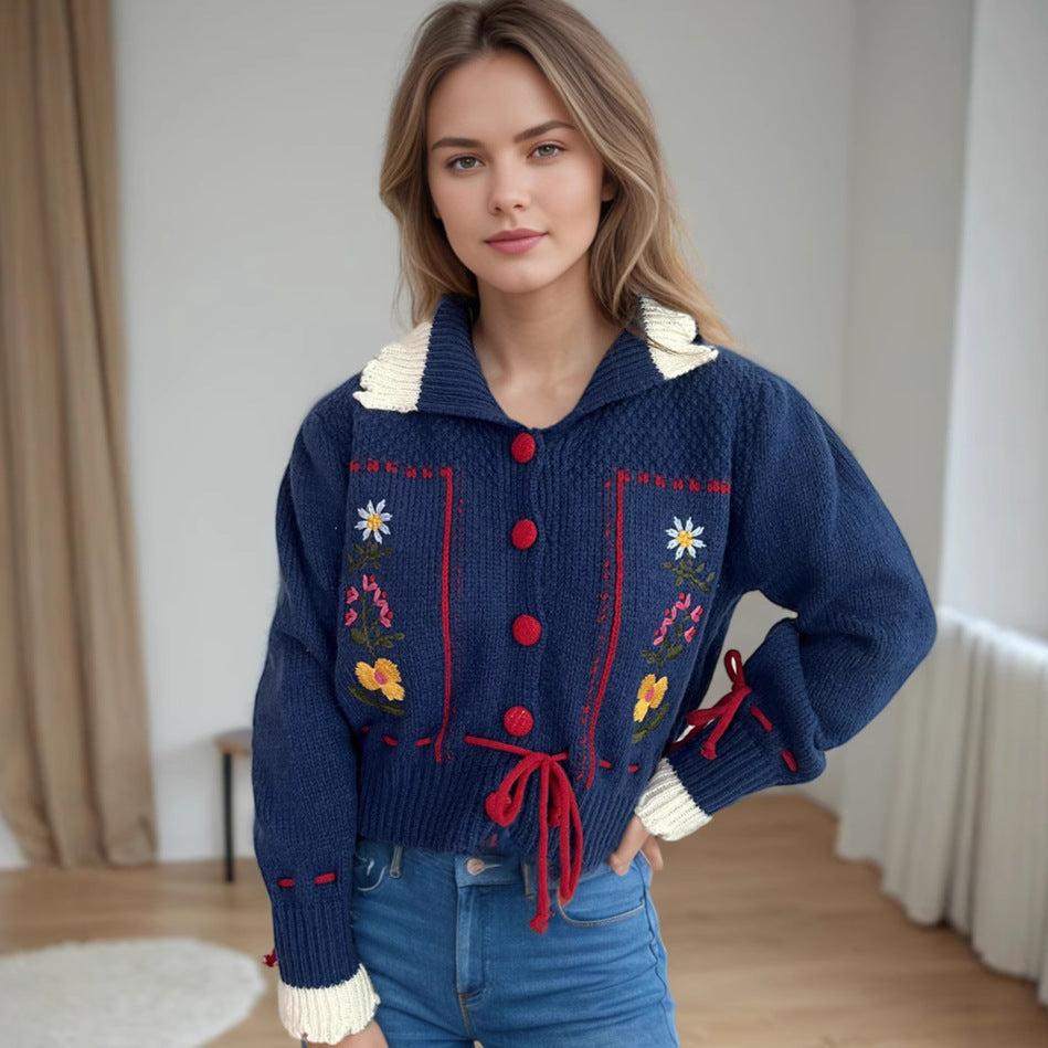 Damen Strickjacke Blumenstickerei Kordelzug