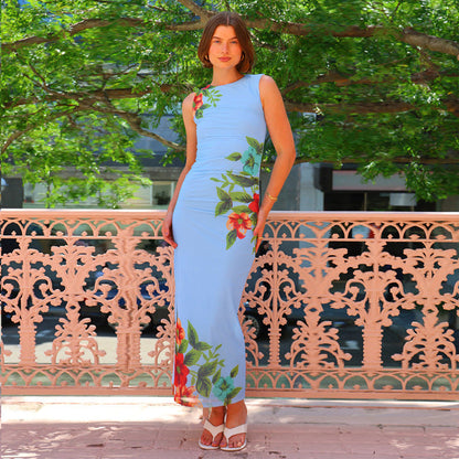 Damen Maxikleid Floral Schnitt Figurbetont Raffungsausschnitt