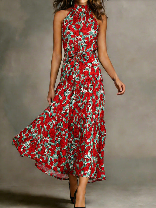 Damen Maxikleid Floralmuster Schmal Taillengürtel Eveloria