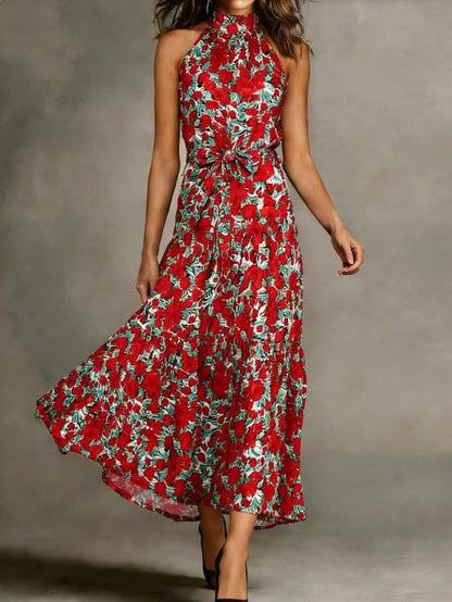 Damen Maxikleid Floralmuster Schmal Taillengürtel Eveloria