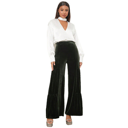 Damen Velours-Hose Weite Rüschendetails Eveloria