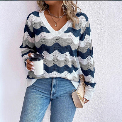 Damen Pullover V-Ausschnitt Wellenmuster Luftig Eveloria - Eveloria