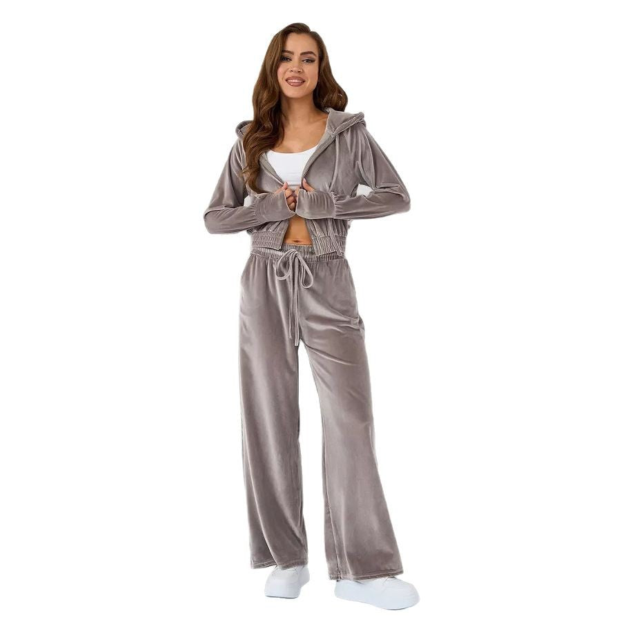 Damen Velours-Jogginganzug Cropped Kapuze Weite Passform