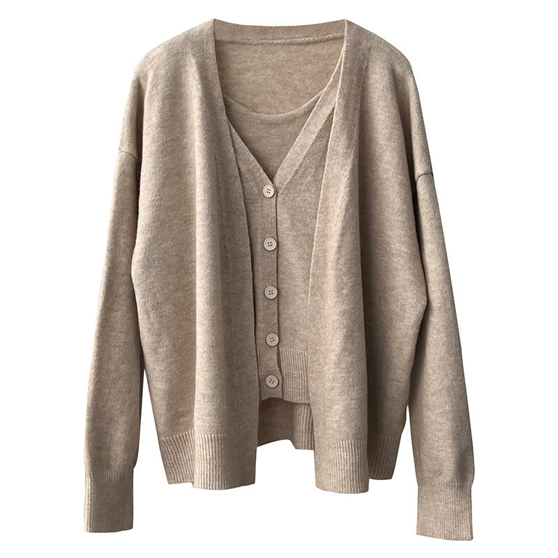 Damen Cardigan Gestrickt V-Ausschnitt Beige