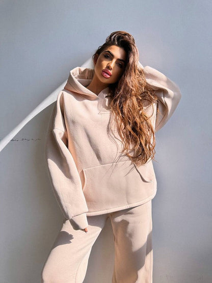 Damen Kapuzenpullover Set mit weiter Hose aus Baumwolle