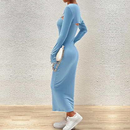 Damen Maxikleid Langärmlig Quadratischer Ausschnitt Figurformend