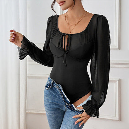 Damen Bodysuit Rüschenärmel V-Ausschnitt Eveloria