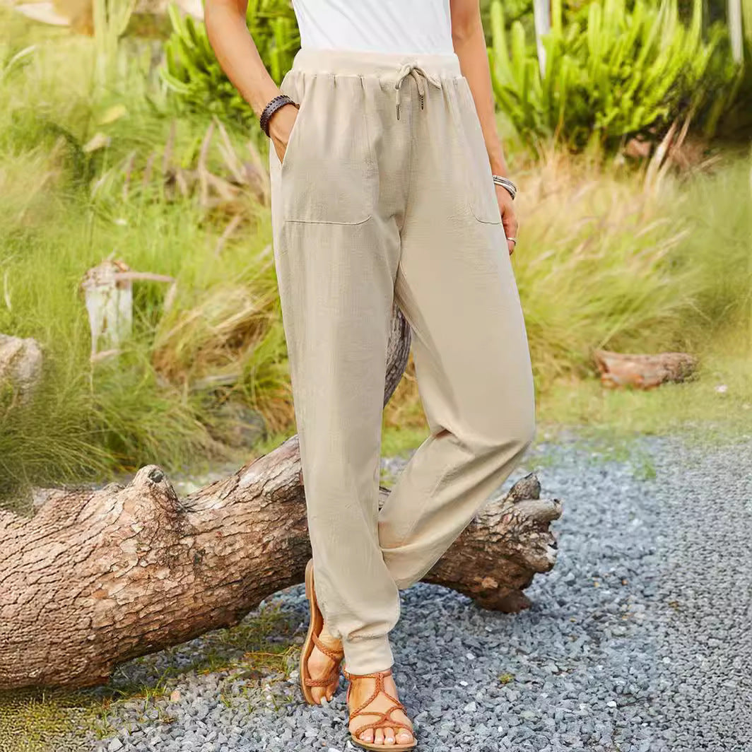 Damen Leinenhose Verstellbarer Bund Praktische Taschen Beige