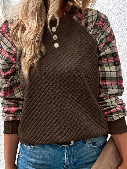Damen Sweatshirt Gitterstruktur Karierte Ärmel Eveloria