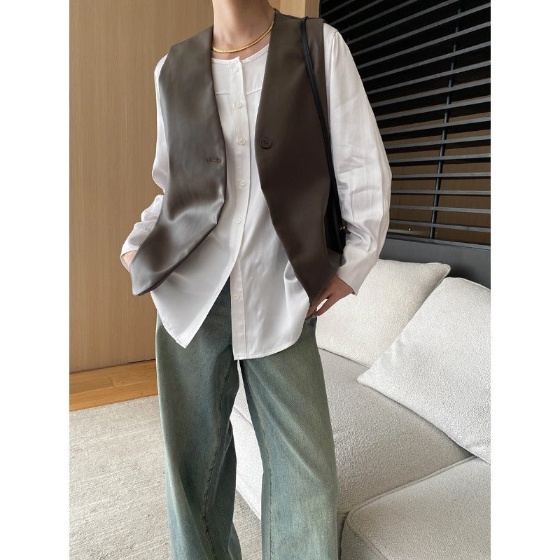 Damen Weste Veganleder Eleganter Schnitt Schwarz - Eveloria