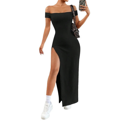 Damen Maxikleid Schulterfrei Hochschlitz Eveloria