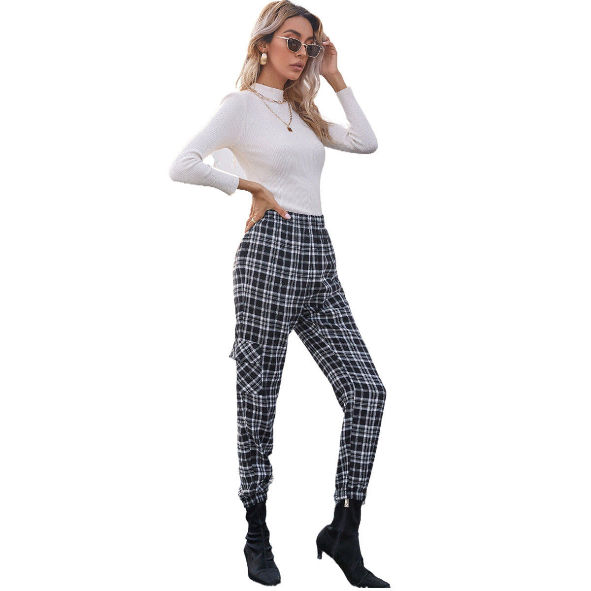 Damen Karohose Elastischer Bund Bequem Eveloria