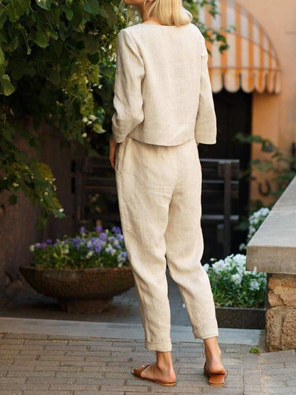 Damen Leinen-Set Zweiteilig mit Oberteil und Hose Beige