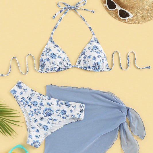 Damen Bikini-Set Blumenmuster mit Pareo - Eveloria