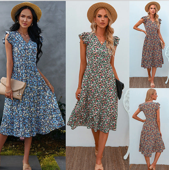 Damen A-Linien Kleid Rüschenärmel Floralmuster Eveloria - Eveloria
