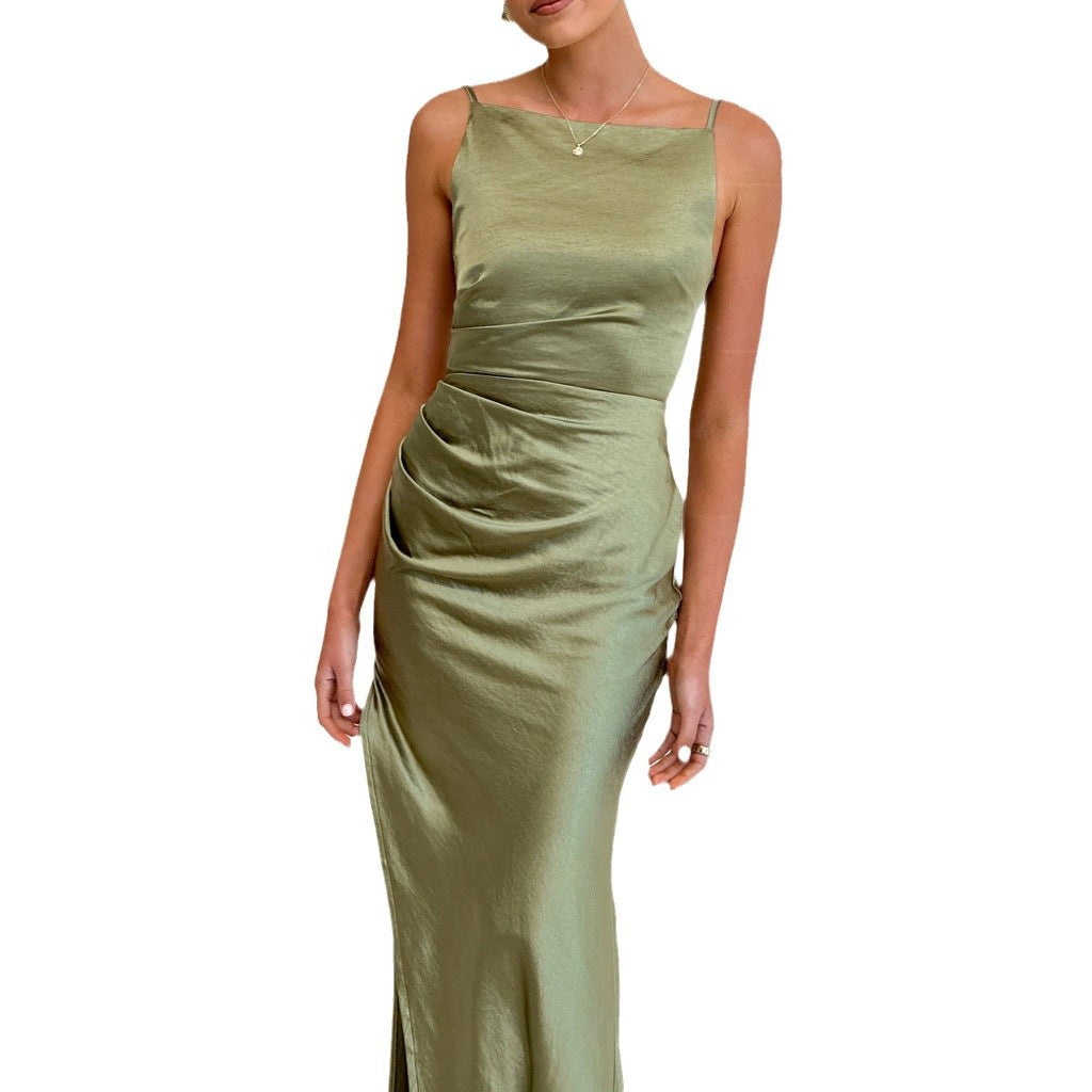 Damen Satin Maxikleid mit Raffungsausschnitt und Seitenschlitz