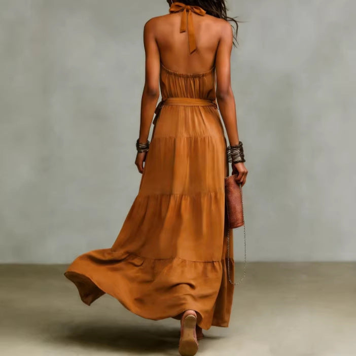 Damen Maxikleid Tiefes Rückendesign Taillengürtel Eveloria