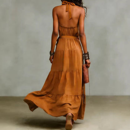 Damen Maxikleid Tiefes Rückendesign Taillengürtel Eveloria