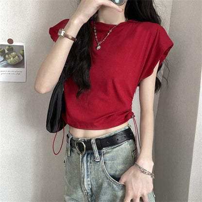Damen T-Shirt Kurzarm mit Kordelzug und Puffärmeln