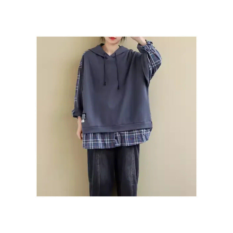 Damen Kapuzenpullover Karo Applikation Weich Innenfutter