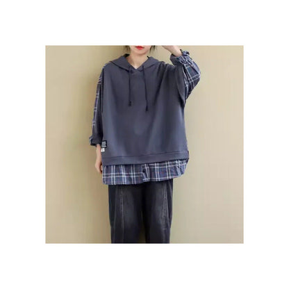 Damen Kapuzenpullover Karo Applikation Weich Innenfutter