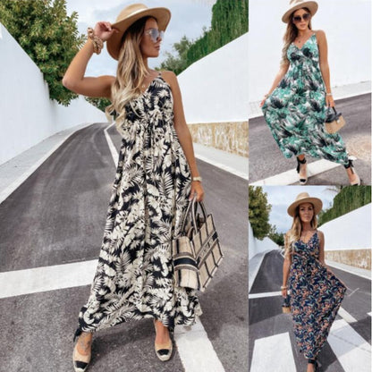 Damen Maxikleid Floralmuster Palmendesign Raffinierter Rücken - Eveloria
