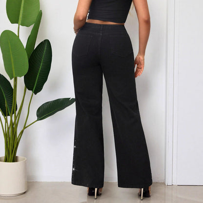 Damen High-Waist Jeans Strassbesatz Weit Schnitt