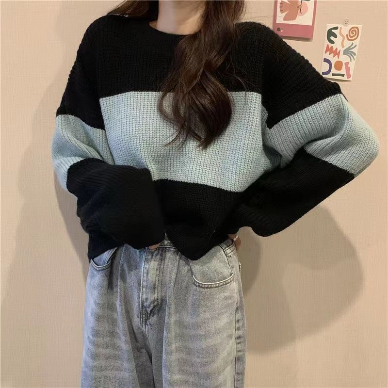 Damen Grobstrickpullover Modernes Farbblockdesign