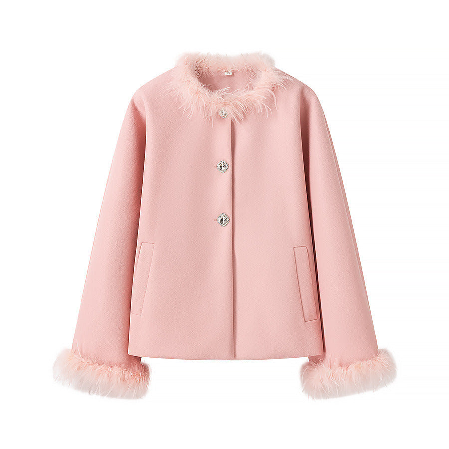 Damen Kurzjacke Kunstfellkragen Knöpfe Eveloria