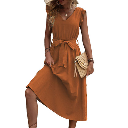 Damen Maxikleid V-Ausschnitt Taillengürtel Eveloria