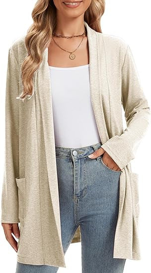 Damen Langarm-Cardigan Offene Front Taschen Beige