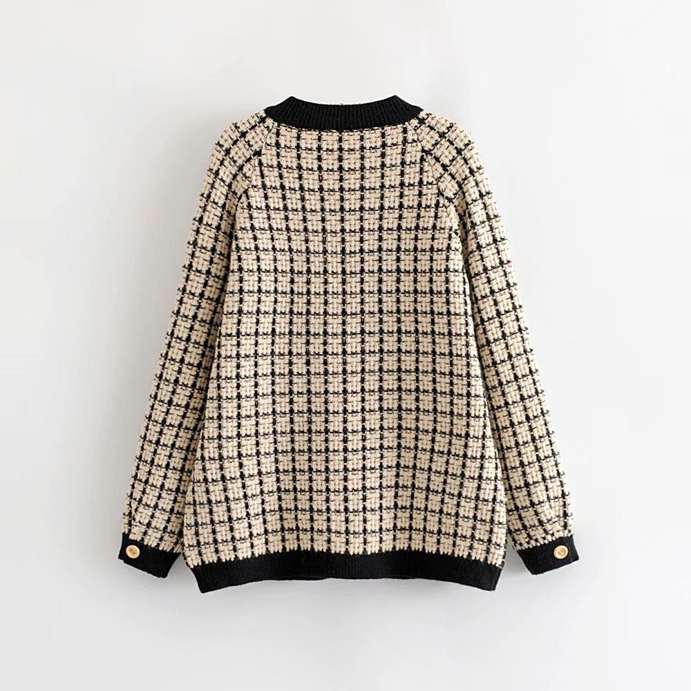 Damen Strickjacke Karomuster Dekorative Knöpfe