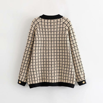 Damen Strickjacke Karomuster Dekorative Knöpfe