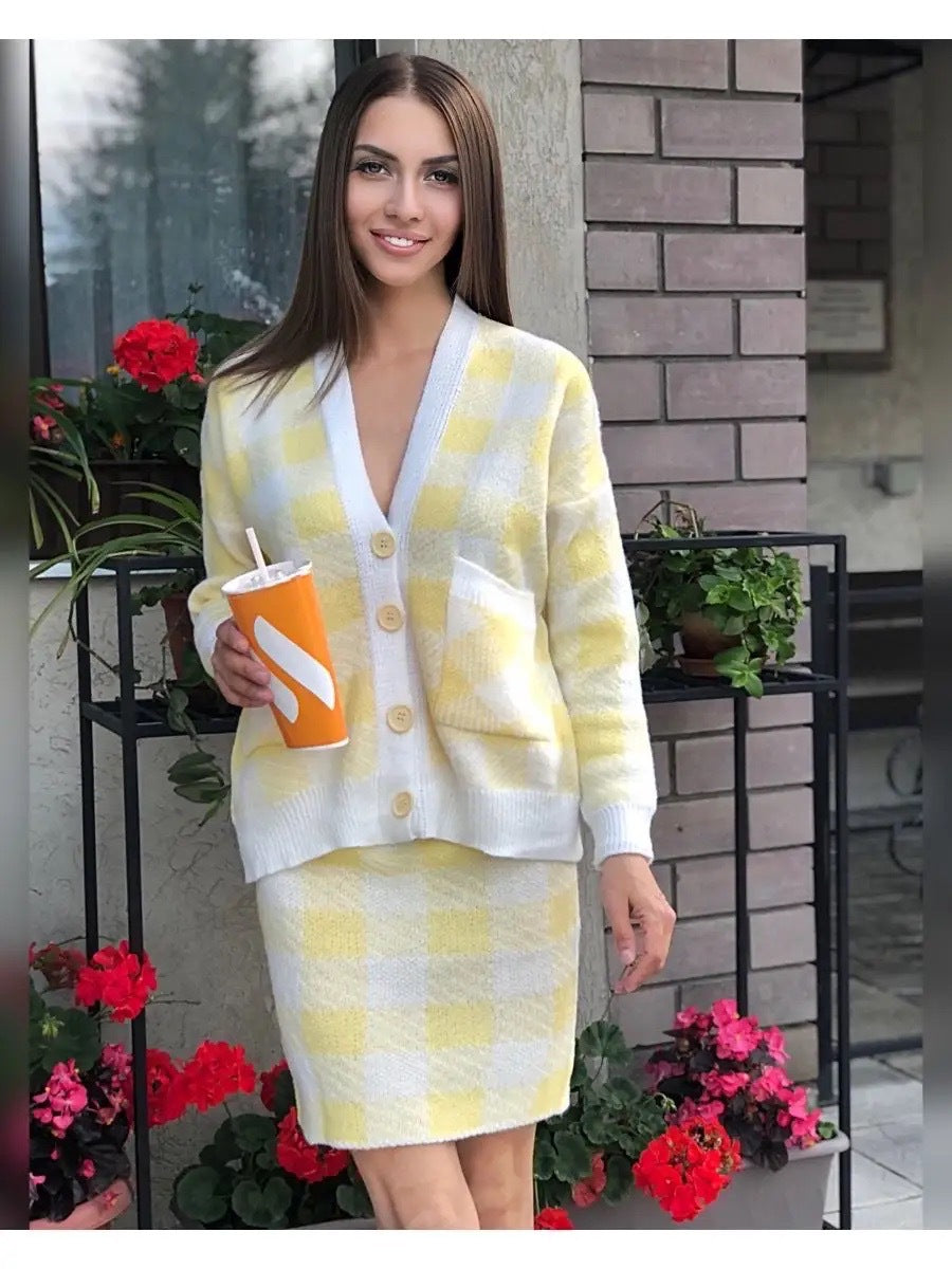 Damen Strickensemble Karomuster Mit Taschen