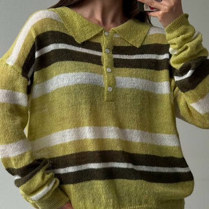 Damen Pullover Grob gestrickt Polo-Kragen Blockstreifen