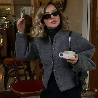 Damen Kurzjacke Wollmix Elegant Schimmernde Knöpfe