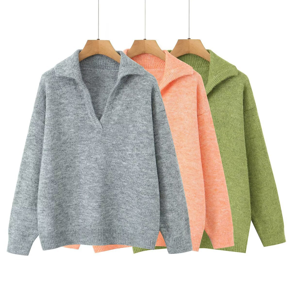 Damen Strickpullover Stehkragen V-Ausschnitt Eveloria
