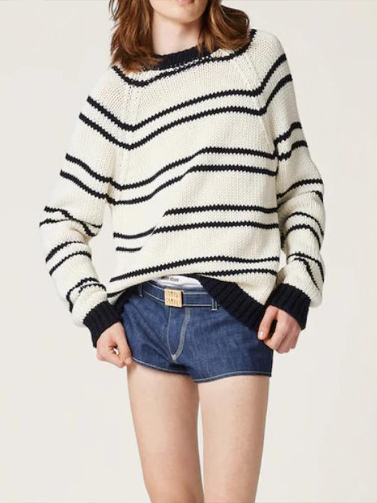 Damen Streifenpullover Grobstrick weiß Eveloria