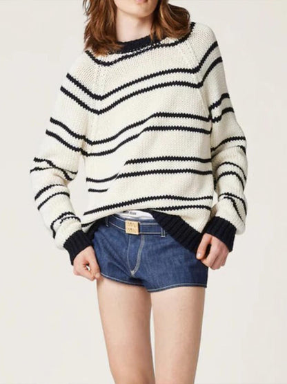 Damen Streifenpullover Grobstrick weiß Eveloria