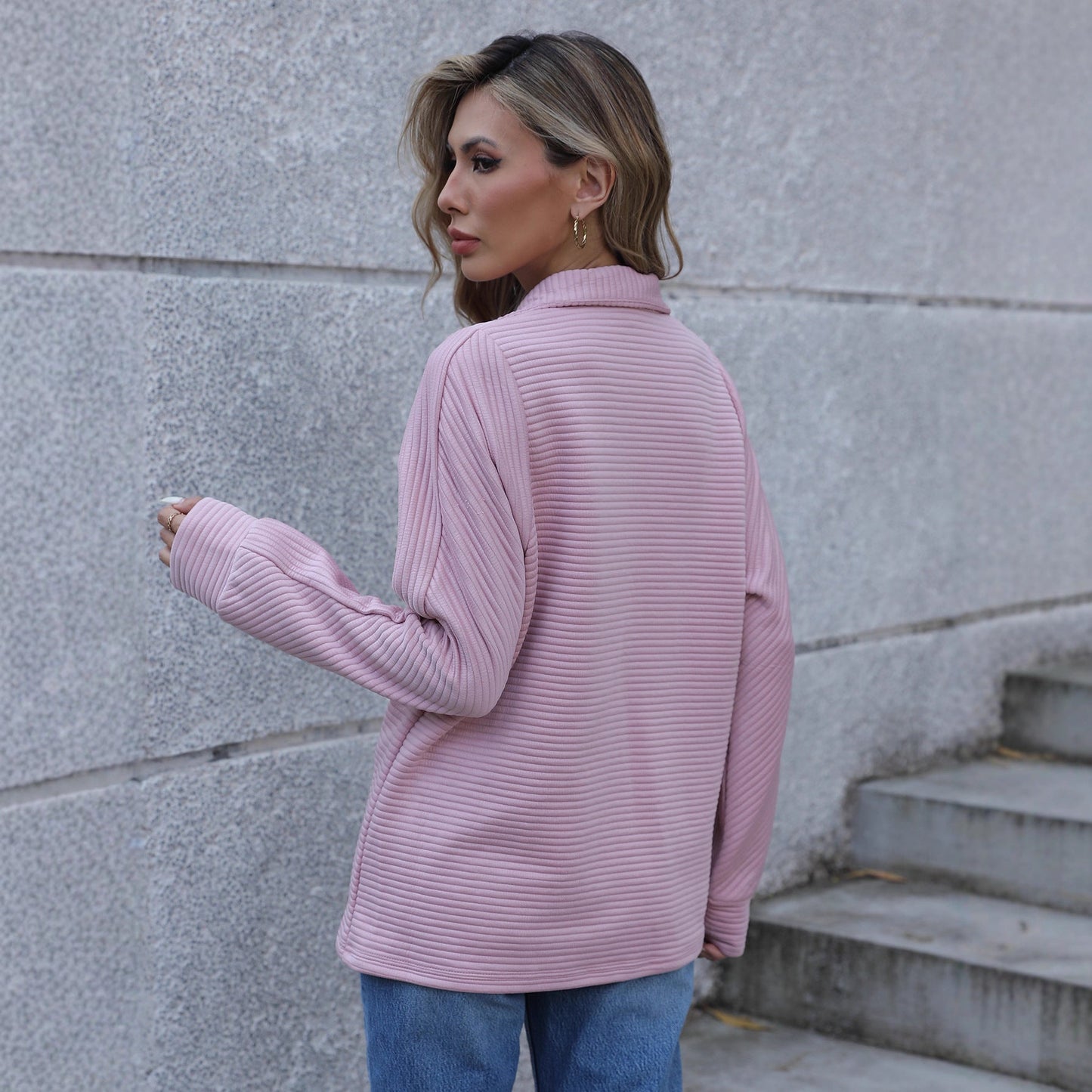 Damen Pullover Reißverschluss Rippstruktur Grau Eveloria