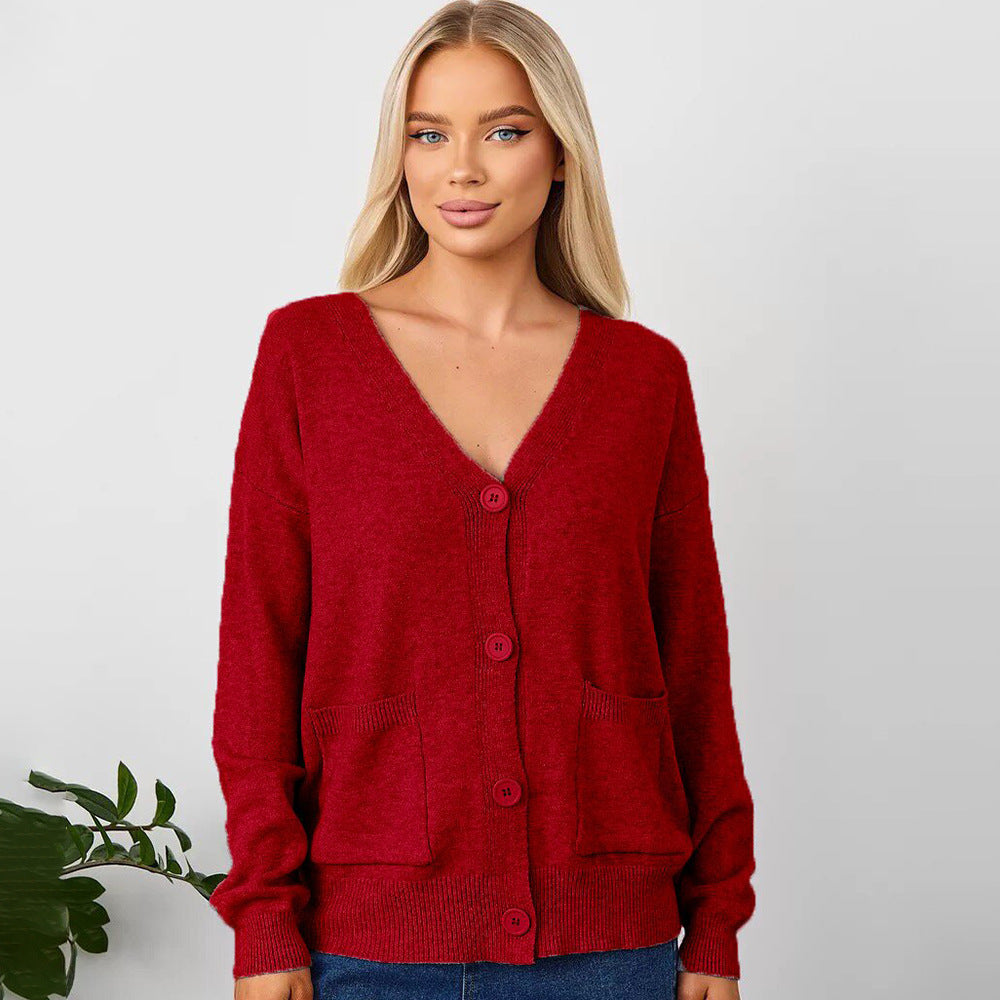 Damen Strickcardigan V-Ausschnitt Taschen Beige