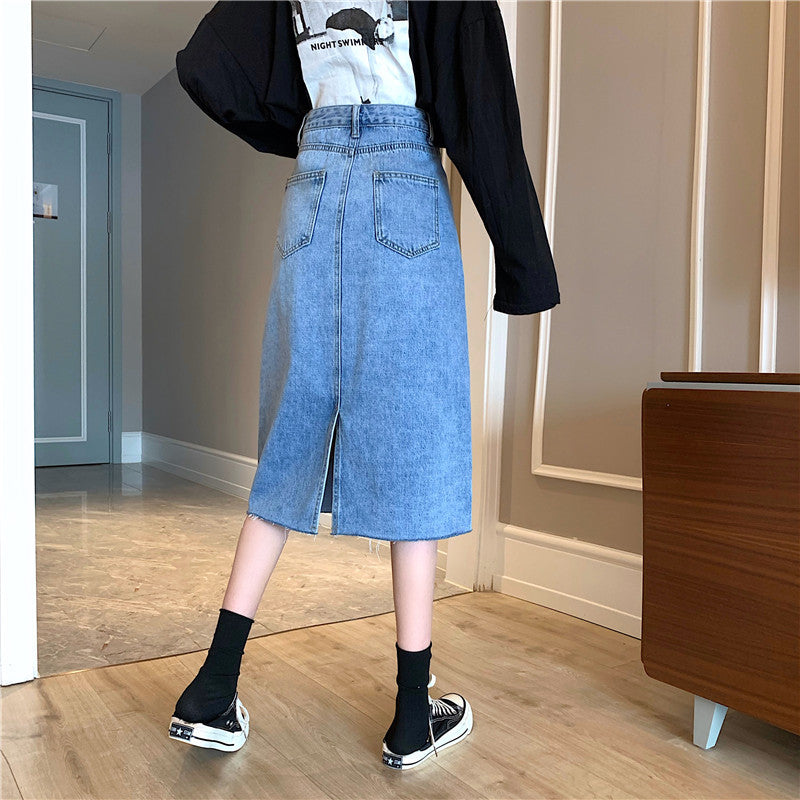 Damen Denimrock Midi unregelmäßiger Saum Blau Eveloria