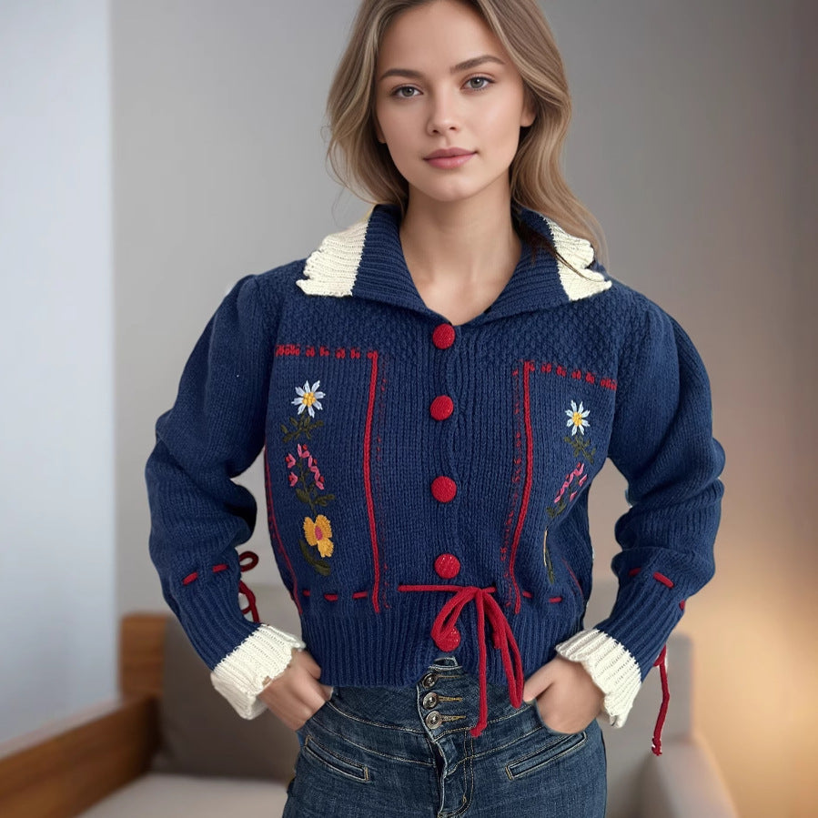 Damen Strickjacke Blumenstickerei Kordelzug