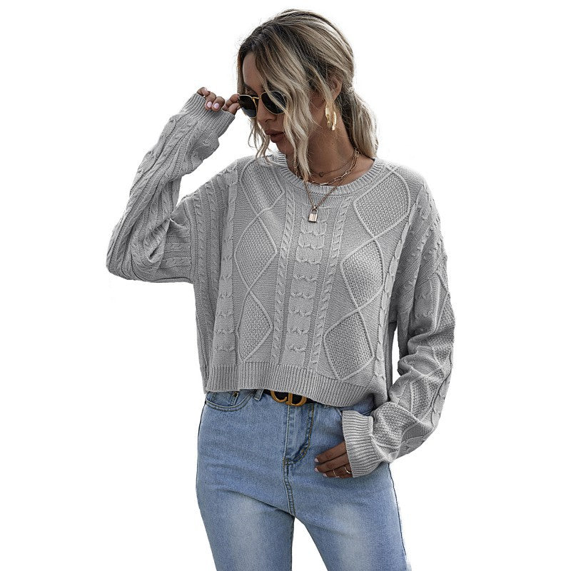 Damen Pullover Strukturiertes Zopfmuster Kuschelig Grau Eveloria