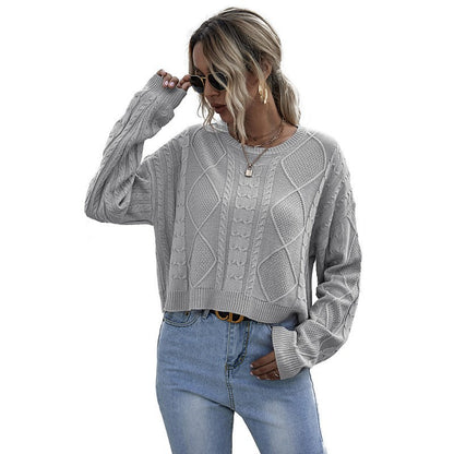 Damen Pullover Strukturiertes Zopfmuster Kuschelig Grau Eveloria