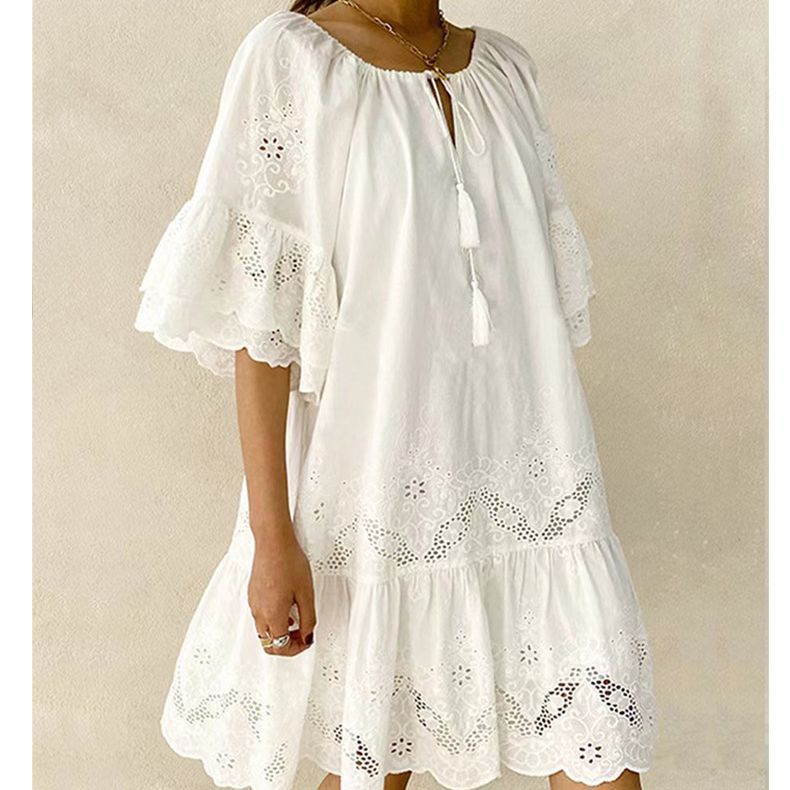 Damen Kleid Spitzenakzente Voluminöse Ärmel Luftig Eveloria
